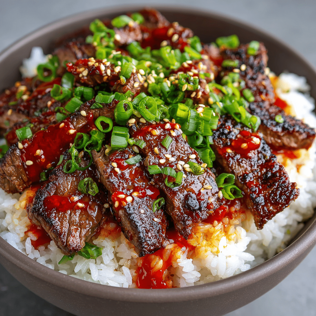 Korean BBQ Steak Rice Bowls with Spicy Sauce
