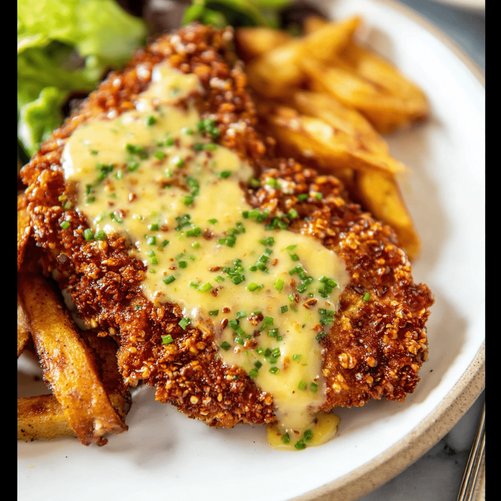 Pretzel Chicken with Cheddar Sauce